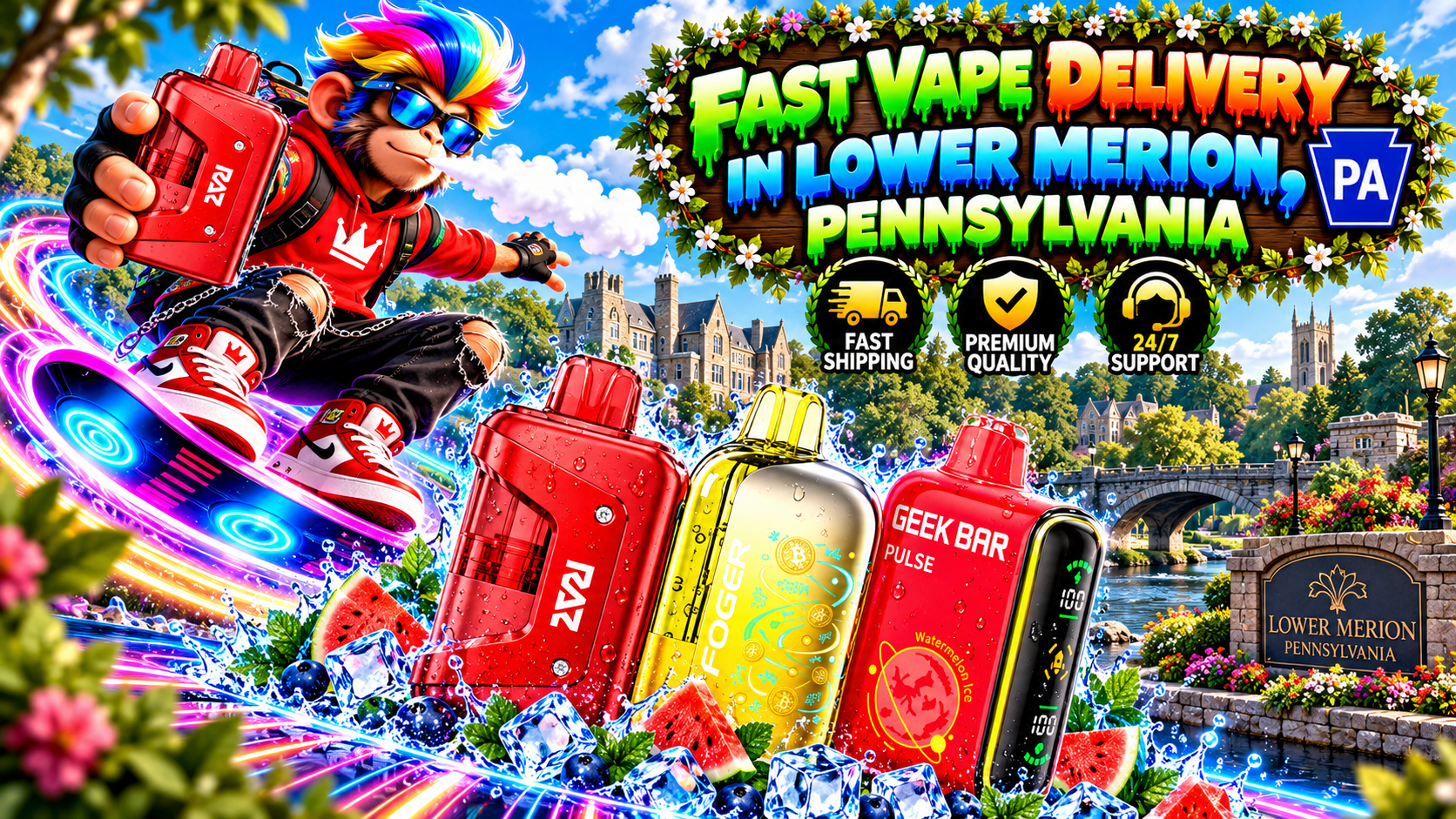 Red and yellow vape devices with water droplets, ice, watermelon slices, and neon trails in scenic Lower Merion.