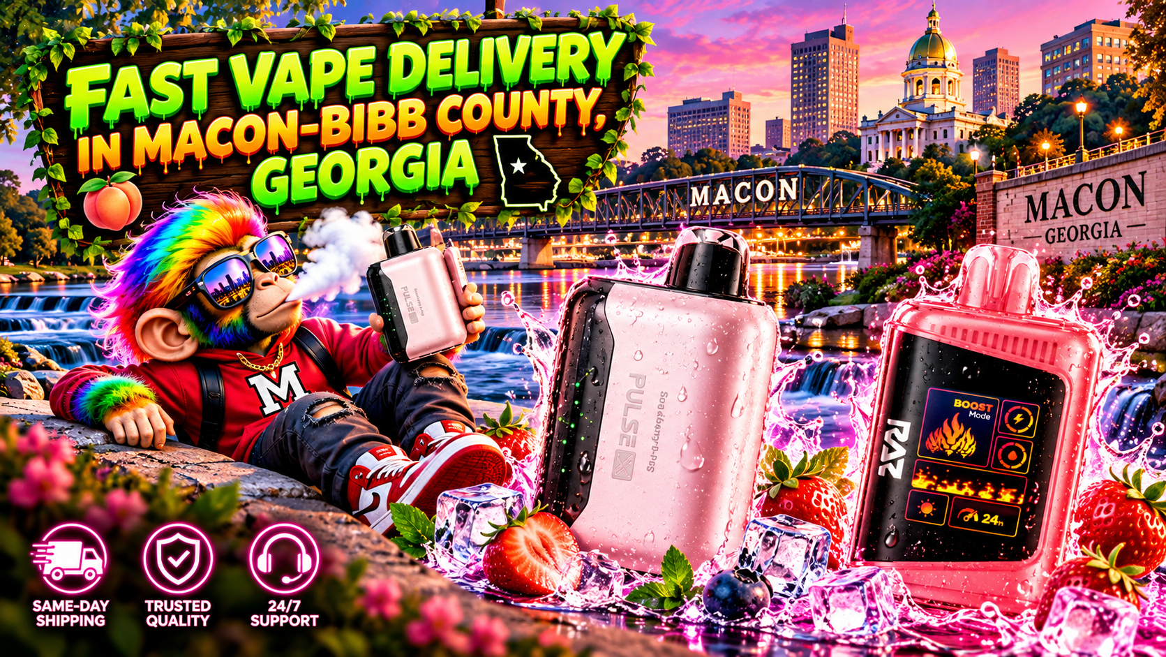 Fast Device Delivery in Macon-Bibb County, Georgia Pink water-splashed devices stand against a glowing Macon-Bibb County waterfront with vibrant city lights.
