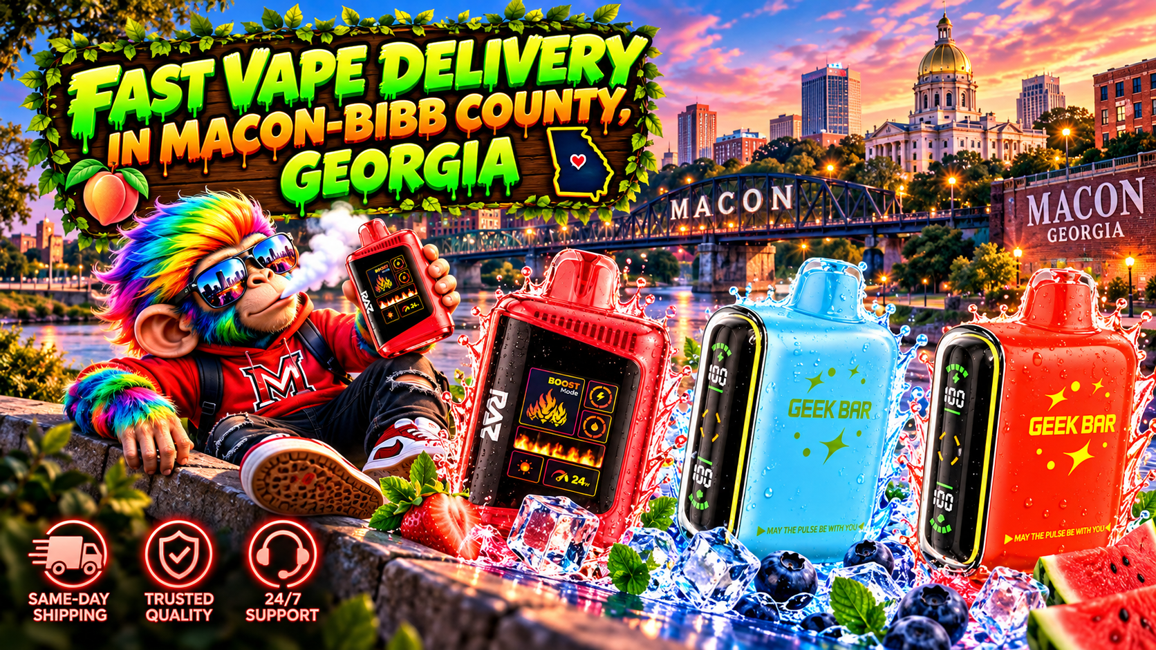 Vibrant Device Delivery in Macon-Bibb County, Georgia Colorful water-splashed devices stand against a glowing Macon-Bibb County waterfront and city skyline.