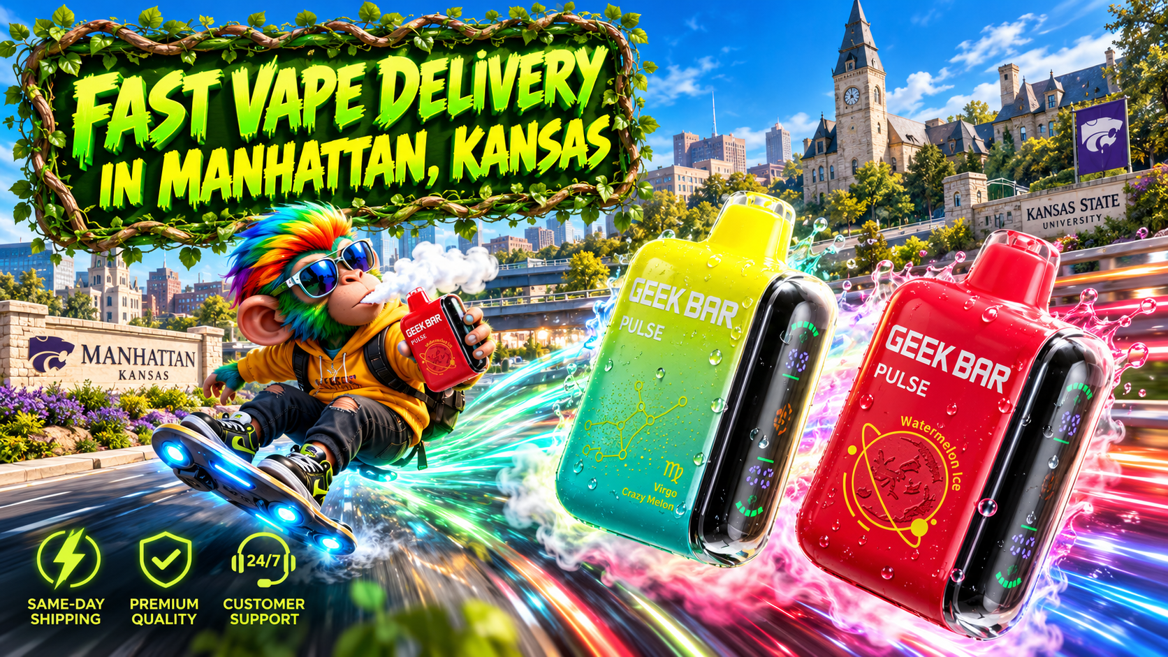 Bright devices streak past Manhattan, Kansas landmarks with water effects, vivid light trails, and a futuristic rider.