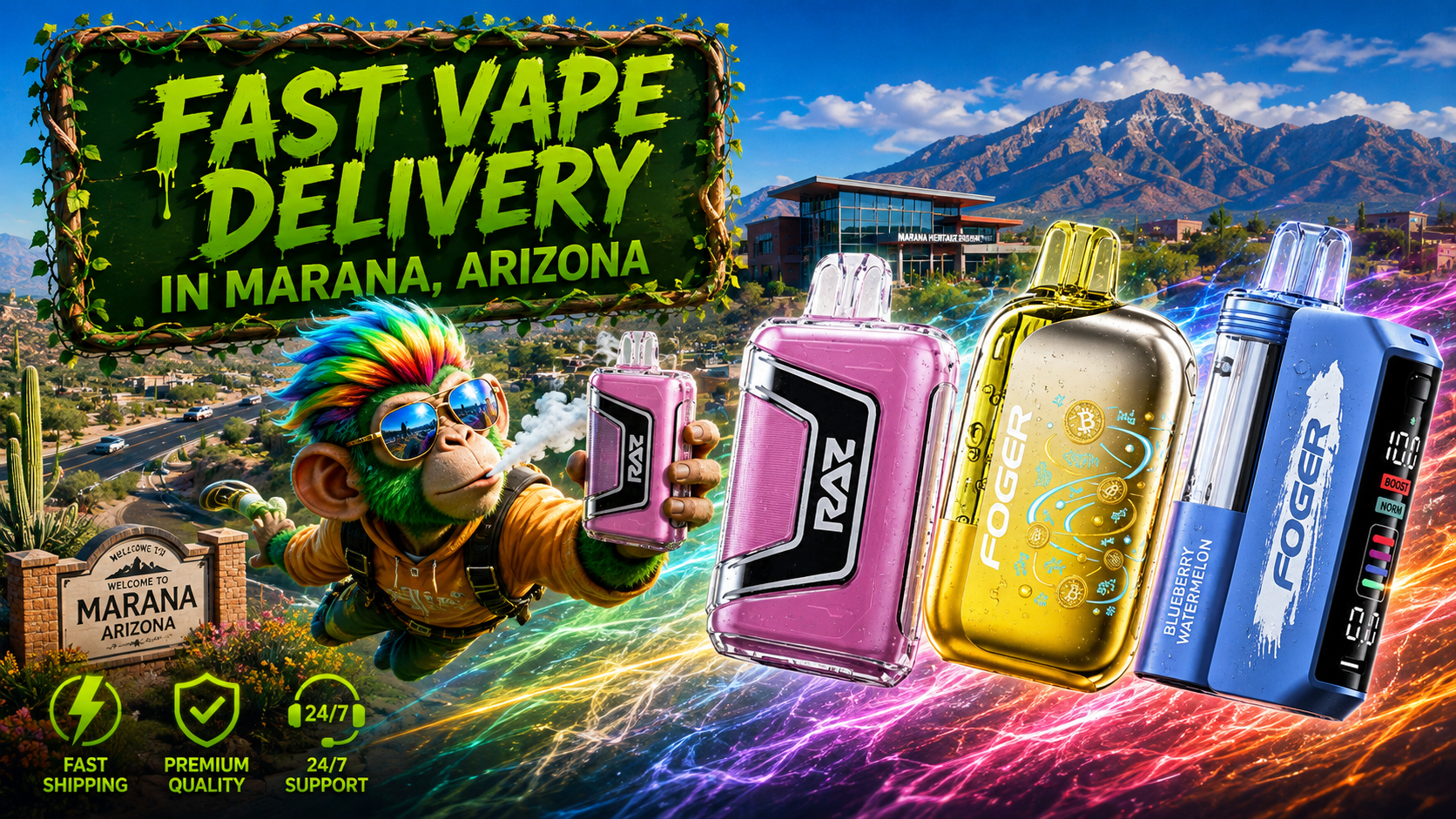 Fast Disposable Vape Delivery in Marana, Arizona Colorful disposable vape devices with a fast delivery theme and scenic mountain backdrop in Marana, Arizona.