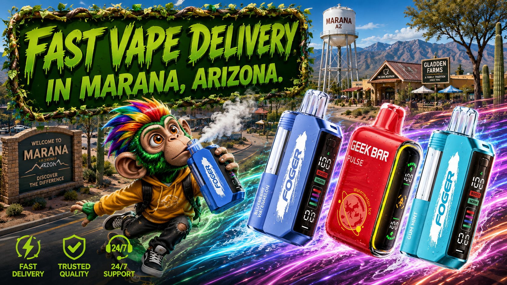 Fast Disposable Vape Delivery in Marana, Arizona Disposable vape devices with a fast delivery theme and scenic desert backdrop in Marana, Arizona.