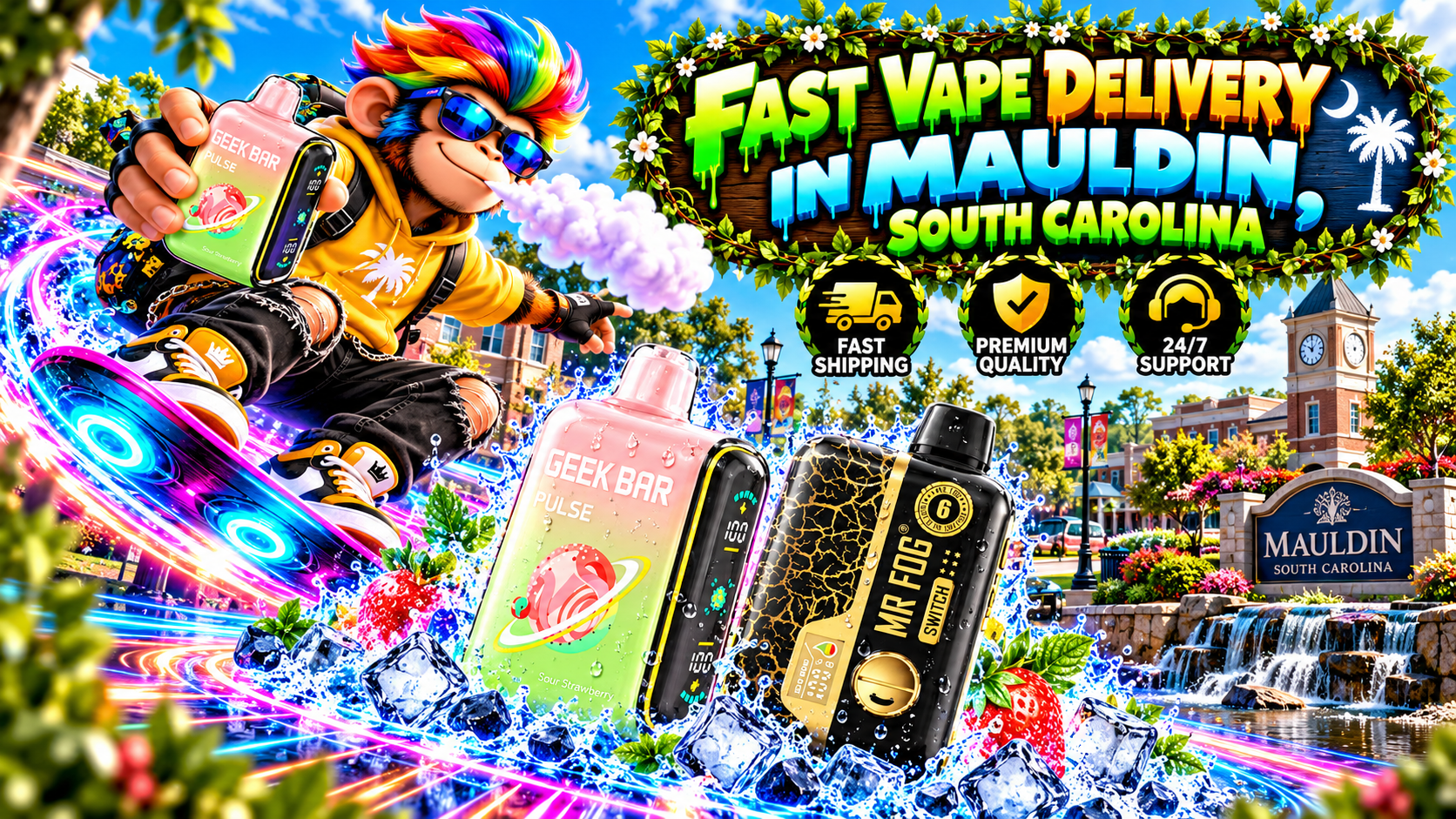 Fast Vape Delivery in Mauldin, South Carolina Colorful delivery scene with water-detailed devices, bright city scenery, flowers, and dynamic speed effects.
