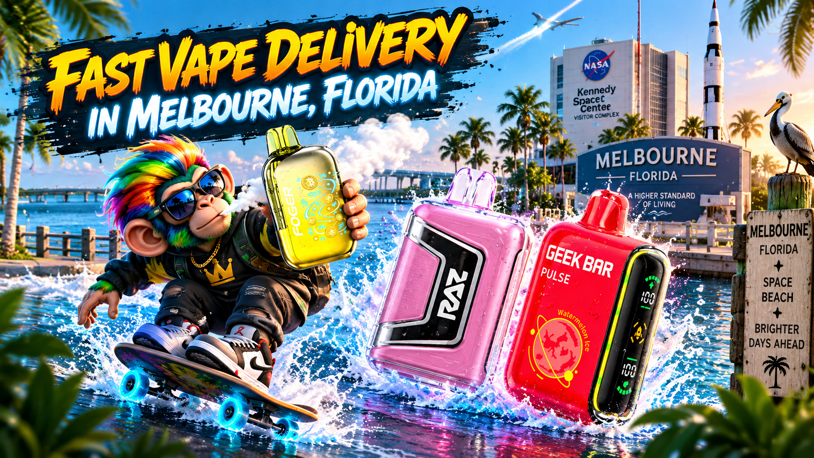 Fast Vape Delivery in Melbourne, Florida Colorful vape devices splash across a sunny Melbourne waterfront with palm trees and space-inspired scenery.