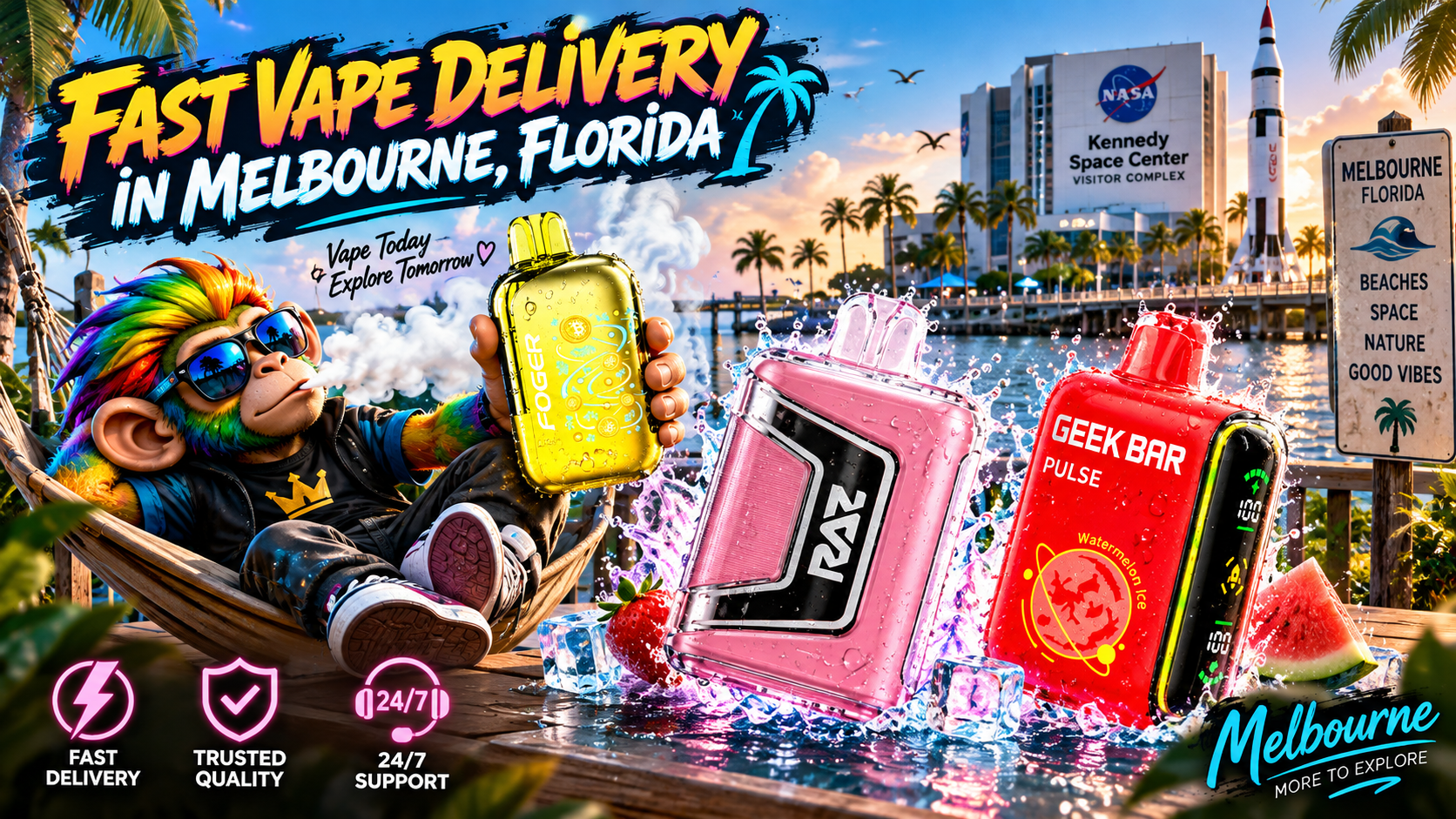 Fast Vape Delivery in Melbourne, Florida Colorful vape devices with water splashes by Melbourne’s sunny waterfront, palm trees and space-themed scenery.