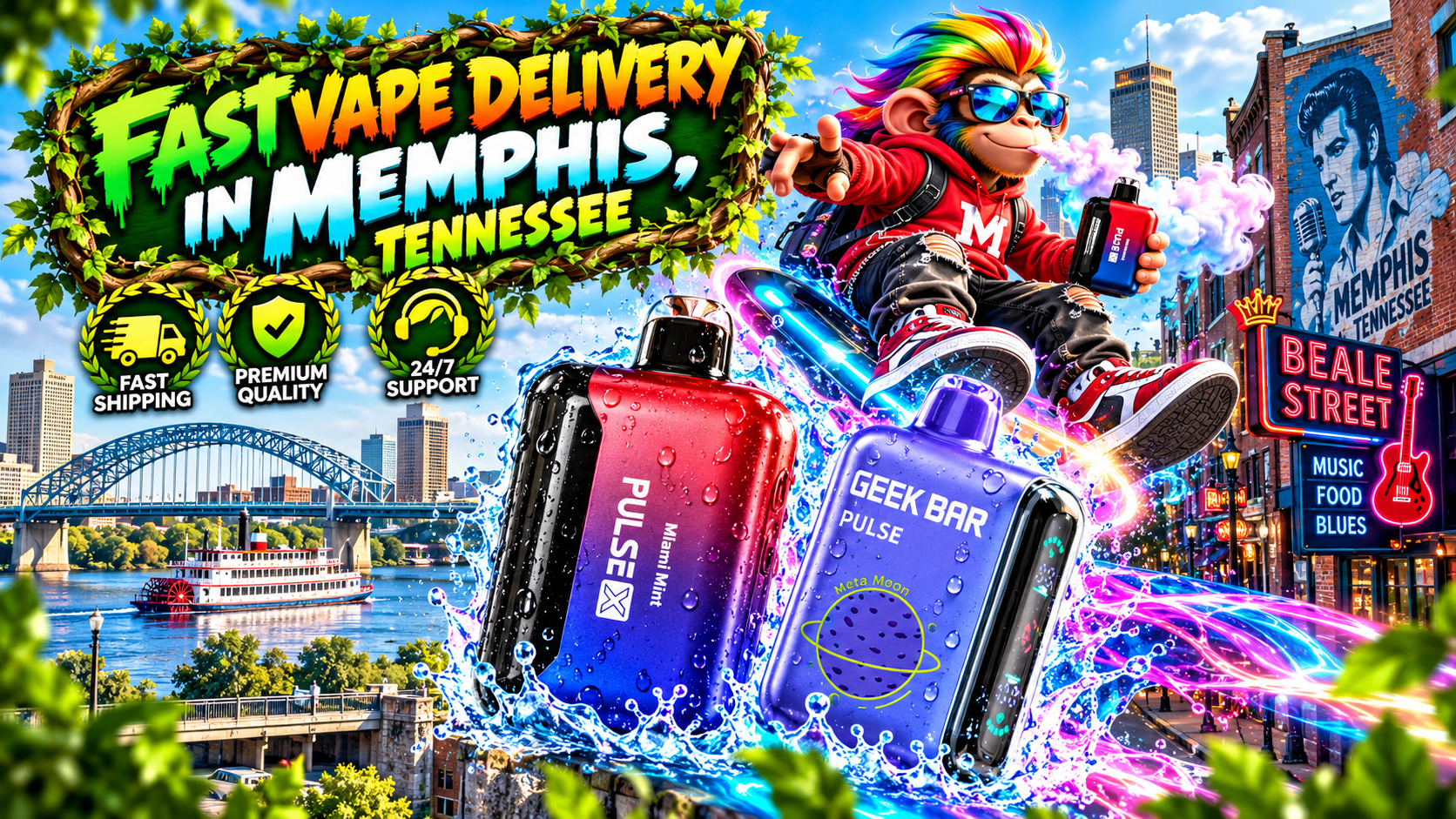 Fast Vape Delivery in Memphis, Tennessee Dynamic delivery scene with colorful devices, water splashes, glowing trails, and iconic Memphis scenery.