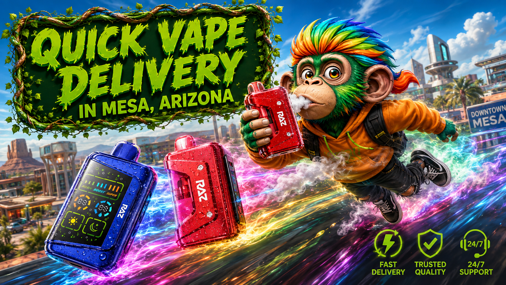 Colorful disposable vape devices with a quick delivery theme and a modern Mesa, Arizona city backdrop.