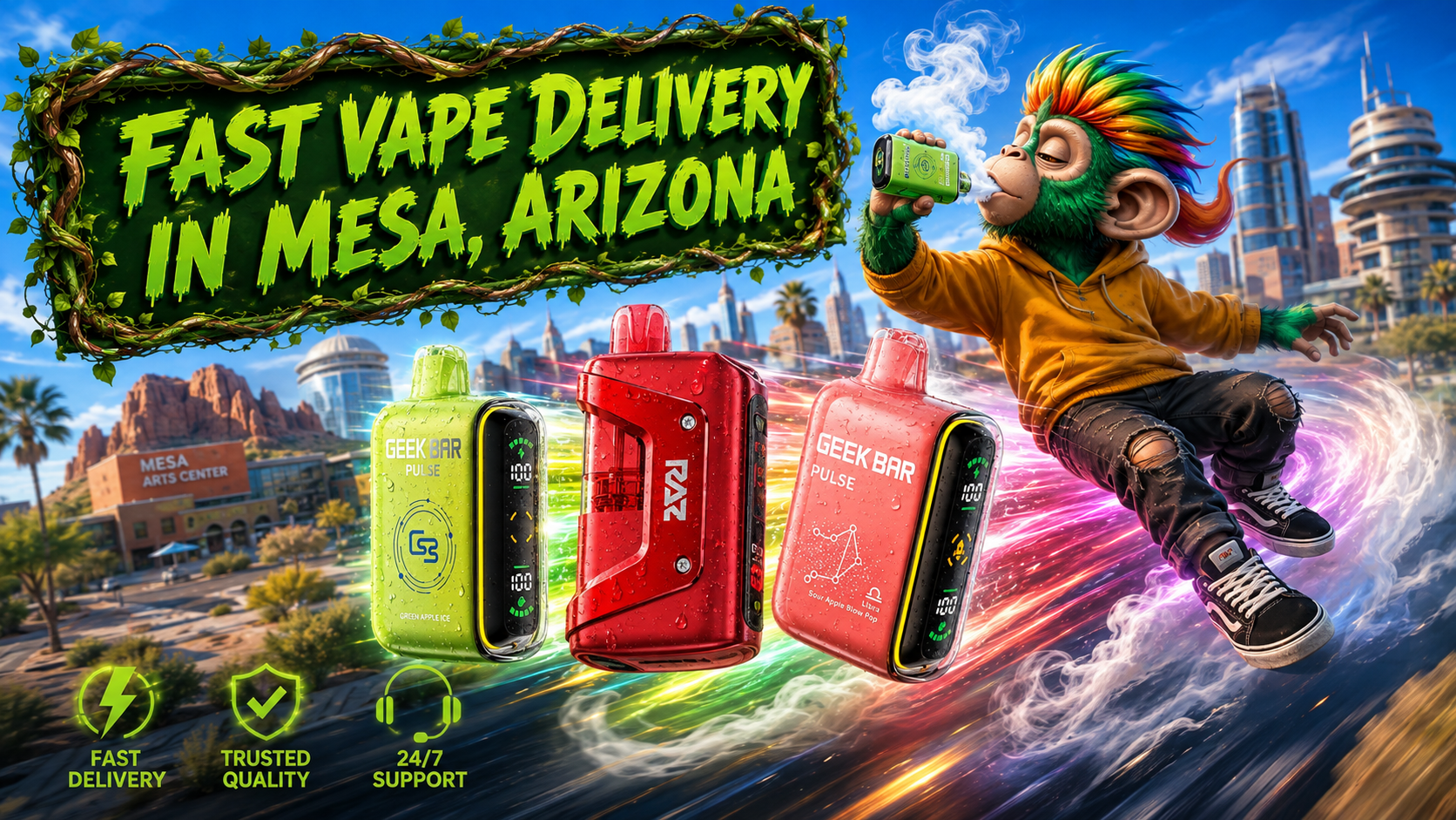 Disposable vape devices with a fast delivery theme and a colorful Mesa, Arizona city backdrop.