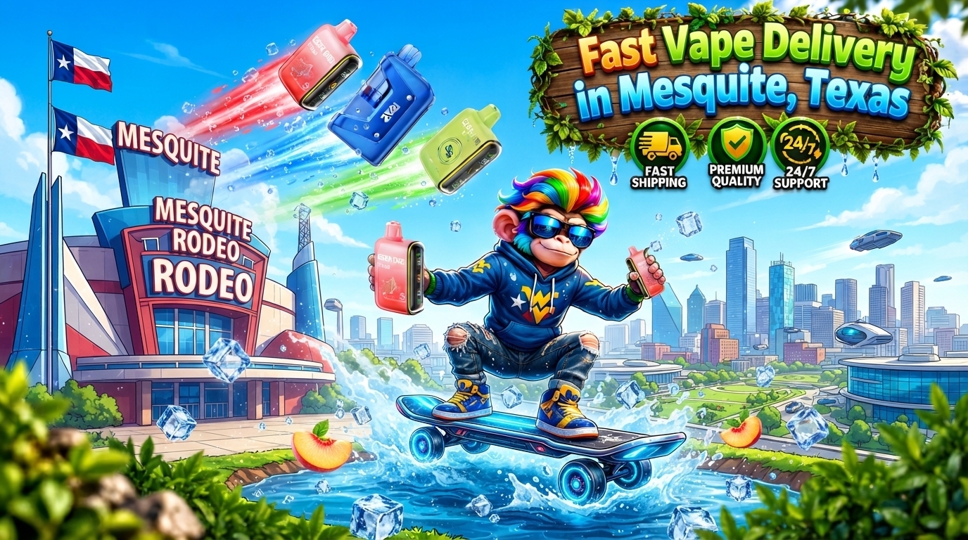 Vape devices streak across a bright Mesquite cityscape with water splashes, ice effects, and colorful motion trails.