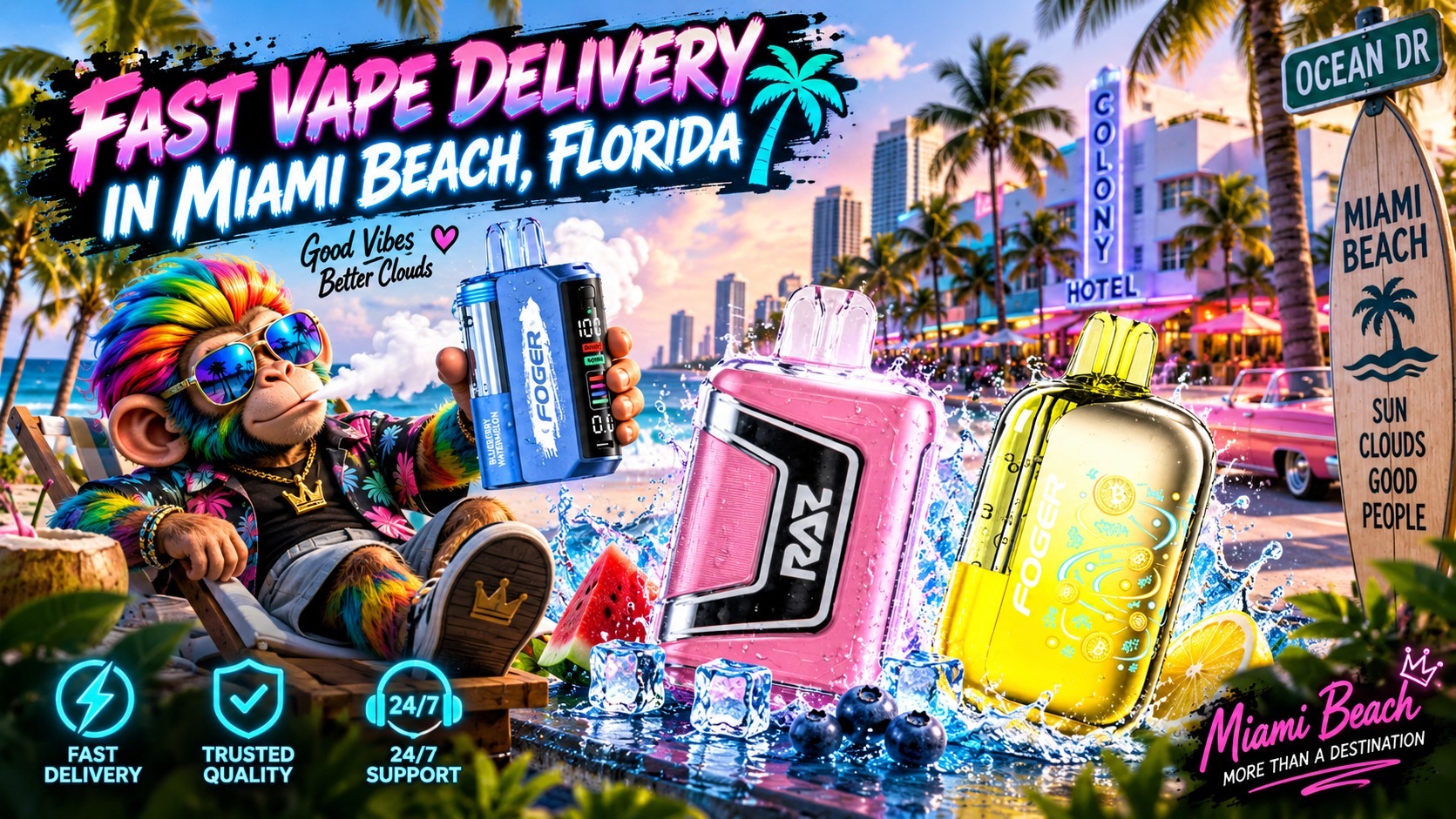 Colorful vape devices with water splashes in a vibrant Miami Beach scene with palms and Art Deco architecture.