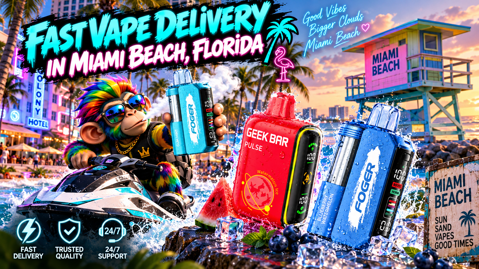 Colorful vape devices with water splashes on a vibrant Miami Beach scene with palms and a lifeguard tower.