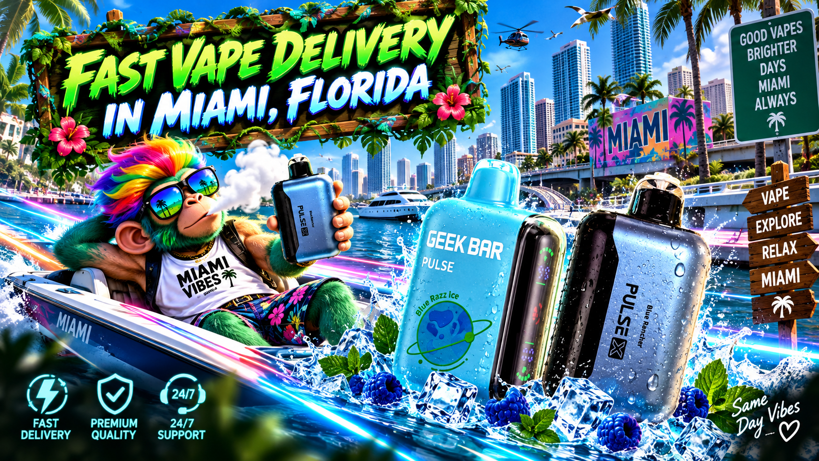 Fast Vape Delivery in Miami, Florida Colorful vape devices with water splashes, ice and berries against a sunny Miami waterfront and skyline.