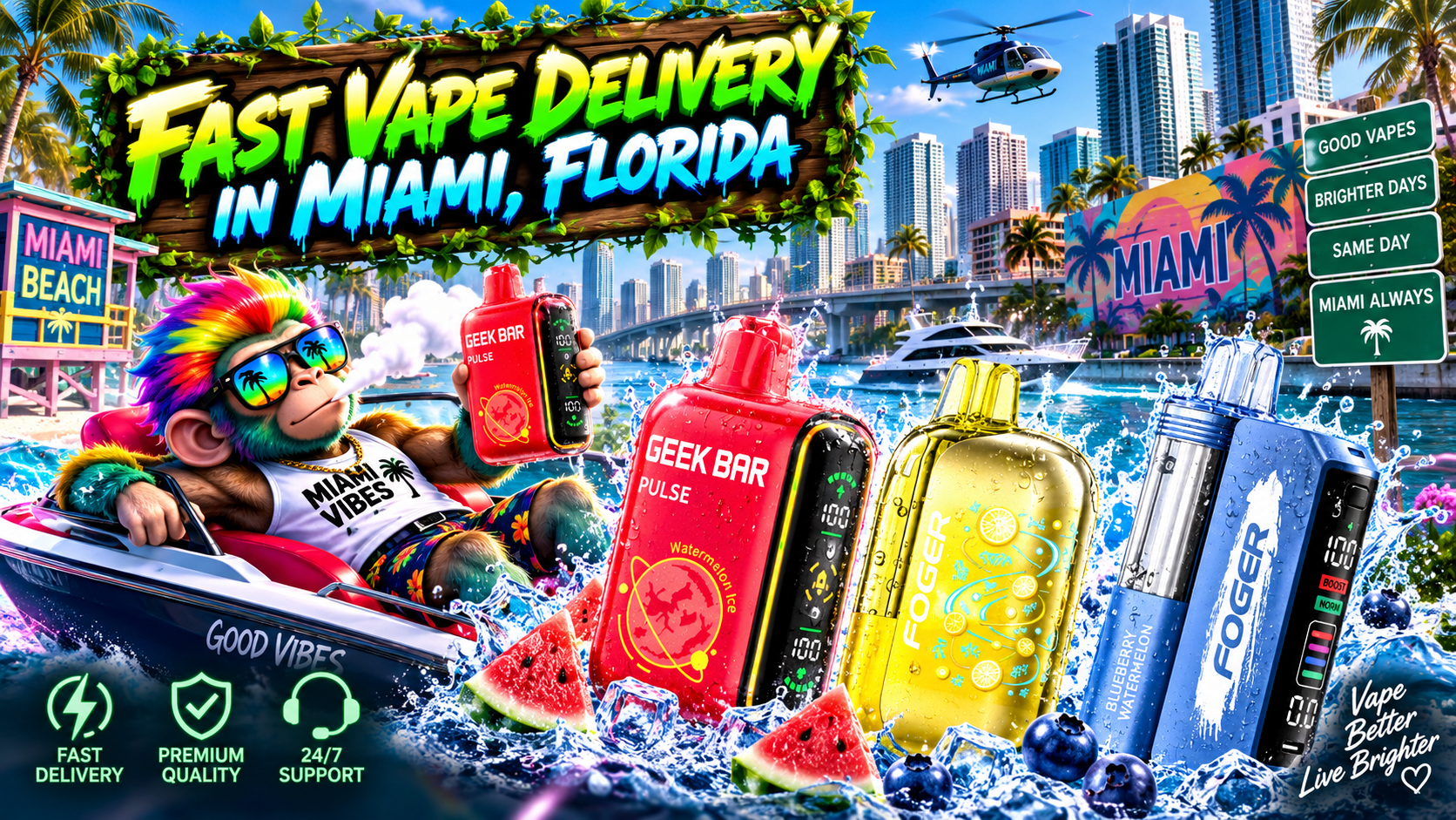 Fast Vape Delivery in Miami, Florida Colorful vape devices with water splashes, ice and fresh fruit against a bright Miami waterfront scene.