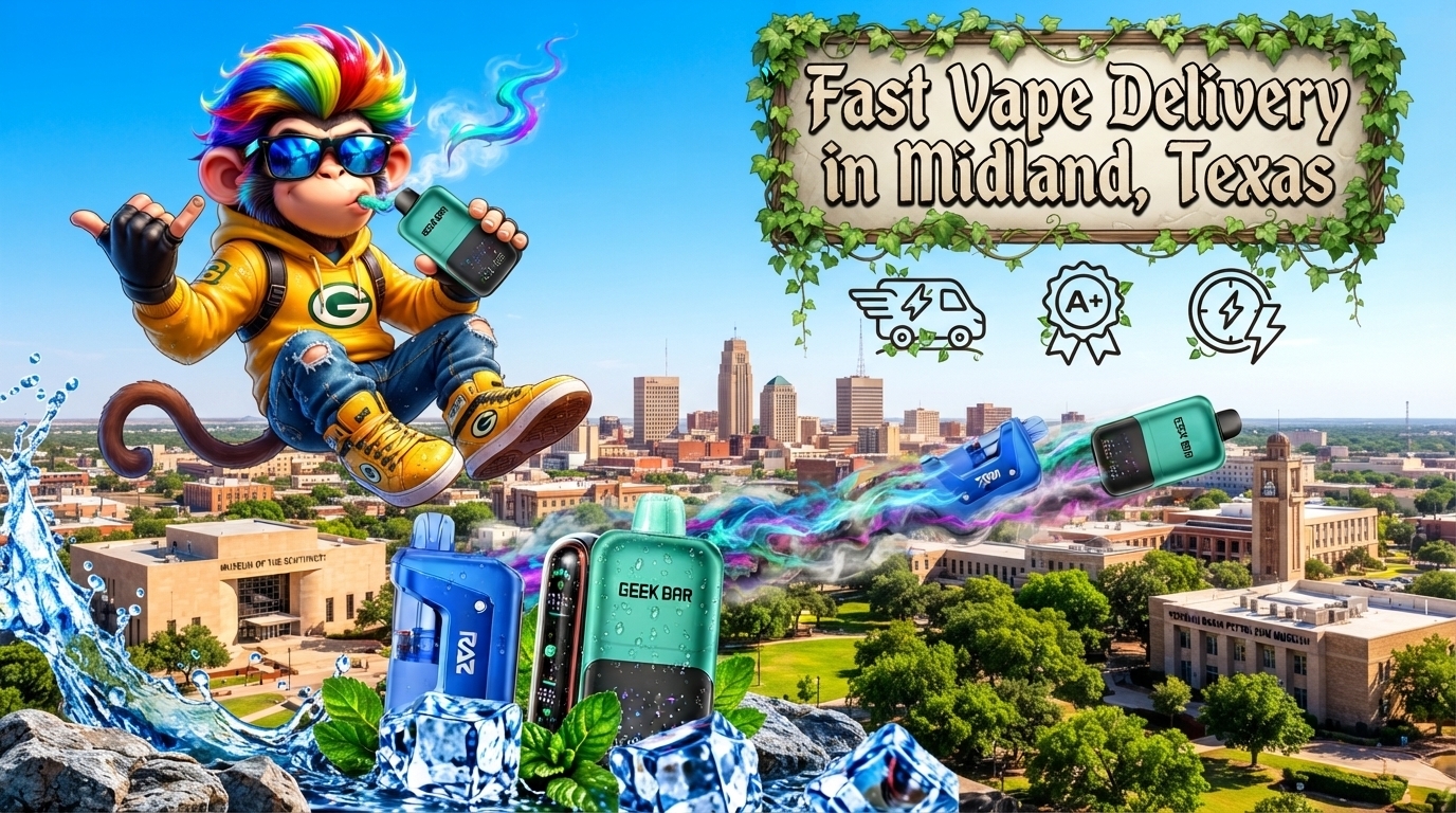 Fast Vape Delivery in Midland, Texas With Bright City View Colorful vape devices with icy water effects and vivid motion trails above a sunny Midland, Texas cityscape.