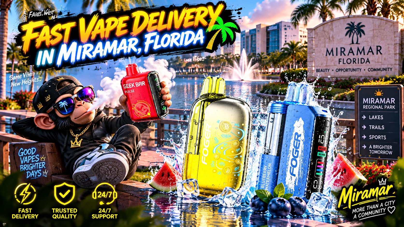 Fast Vape Delivery in Miramar, Florida Colorful vape devices with water splashes in a sunny Miramar setting with palms, fountains and tropical scenery.