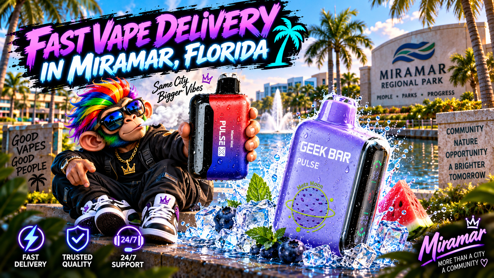 Fast Vape Delivery in Miramar, Florida Colorful vape devices with water splashes in sunny Miramar, surrounded by palms, fountains and tropical scenery.
