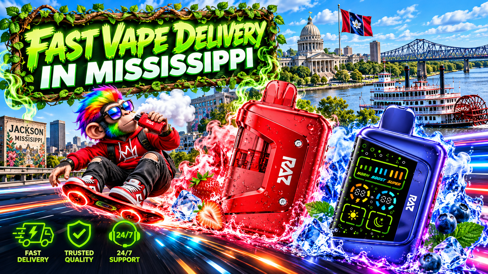 Dynamic Device Display with Mississippi Riverfront Scenery Bold red and blue devices with icy splashes and berries stand out against a sunny Mississippi riverfront.