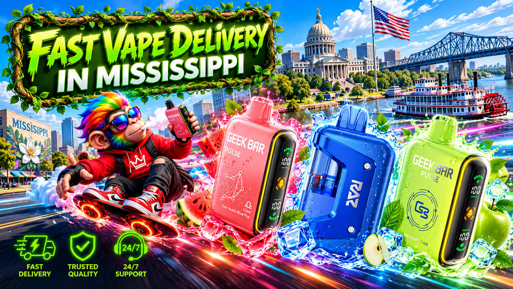 Vibrant Device Delivery Scene Across Mississippi Colorful devices with icy splashes and fruit accents move through a bright Mississippi riverfront scene.