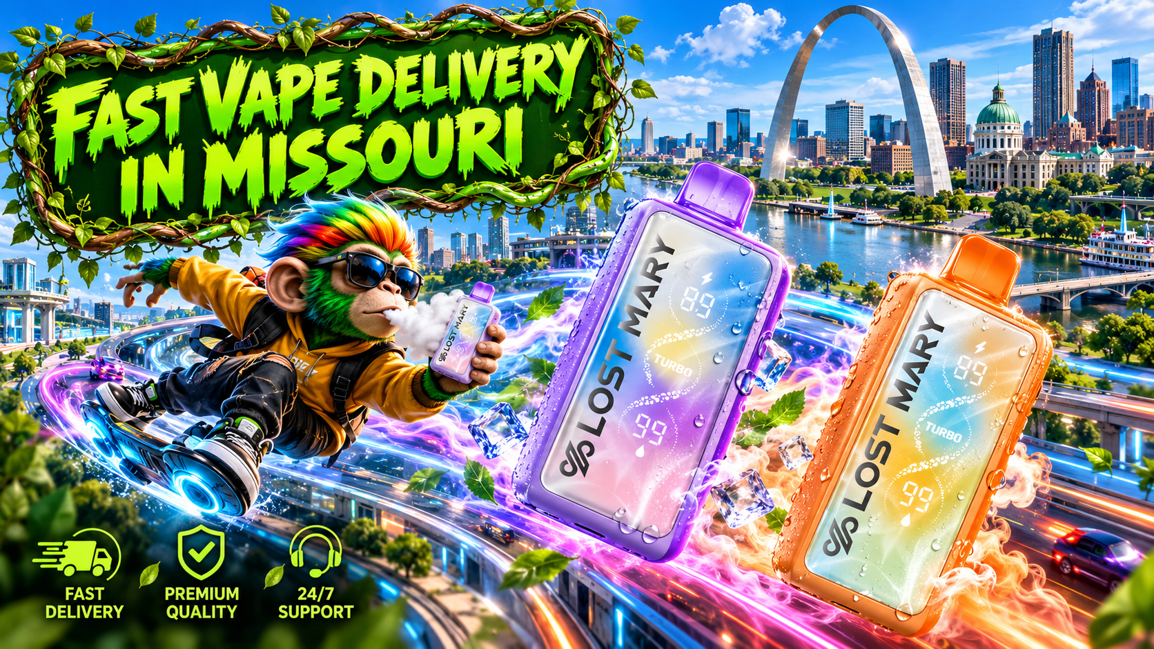 Fast Vape Delivery in Missouri – Colorful Devices Flying Past the Gateway Arch Purple and orange vape devices race above Missouri's skyline with sparkling water droplets and glowing energy trails.