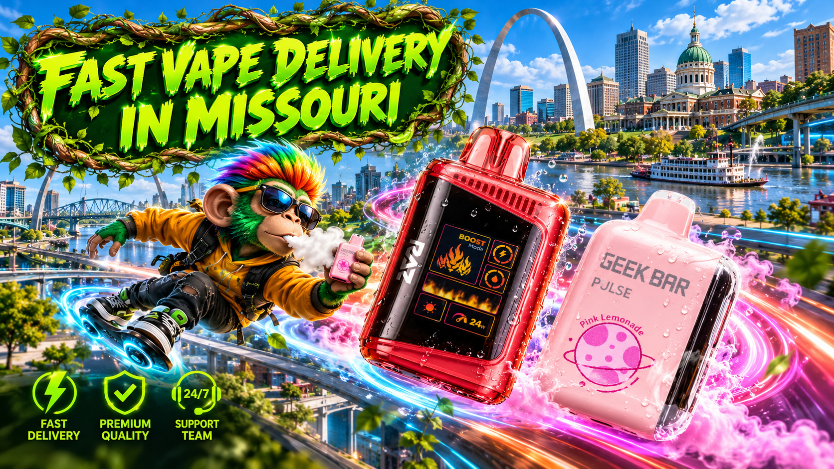 Fast Vape Delivery in Missouri – Futuristic Cityscape with Neon Trails and Colorful Devices Red and pink vape devices soar above Missouri's city skyline with water droplets, vibrant energy trails, and colorful effects.