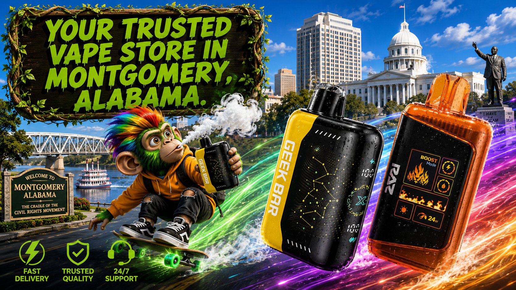 Rechargeable Devices with City Delivery Theme Two colorful rechargeable devices with water droplets, vibrant light trails, and a Montgomery city backdrop.