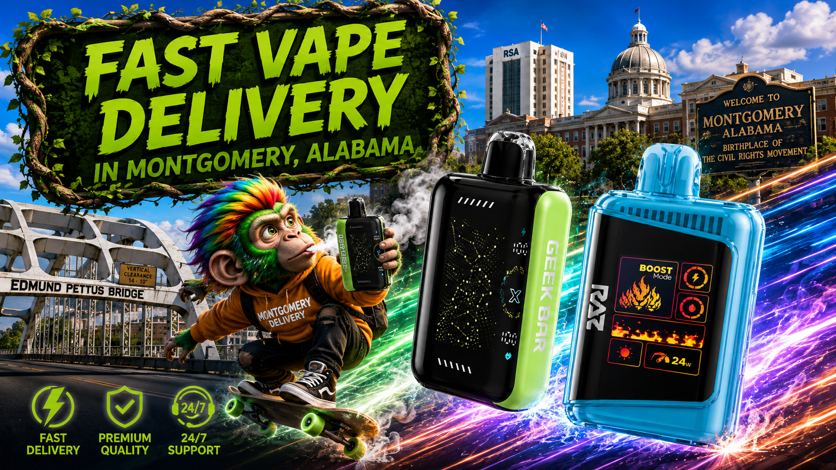 Rechargeable Devices with Fast Delivery Theme in Montgomery Two rechargeable devices with colorful energy trails and a Montgomery city backdrop highlighting fast delivery service.