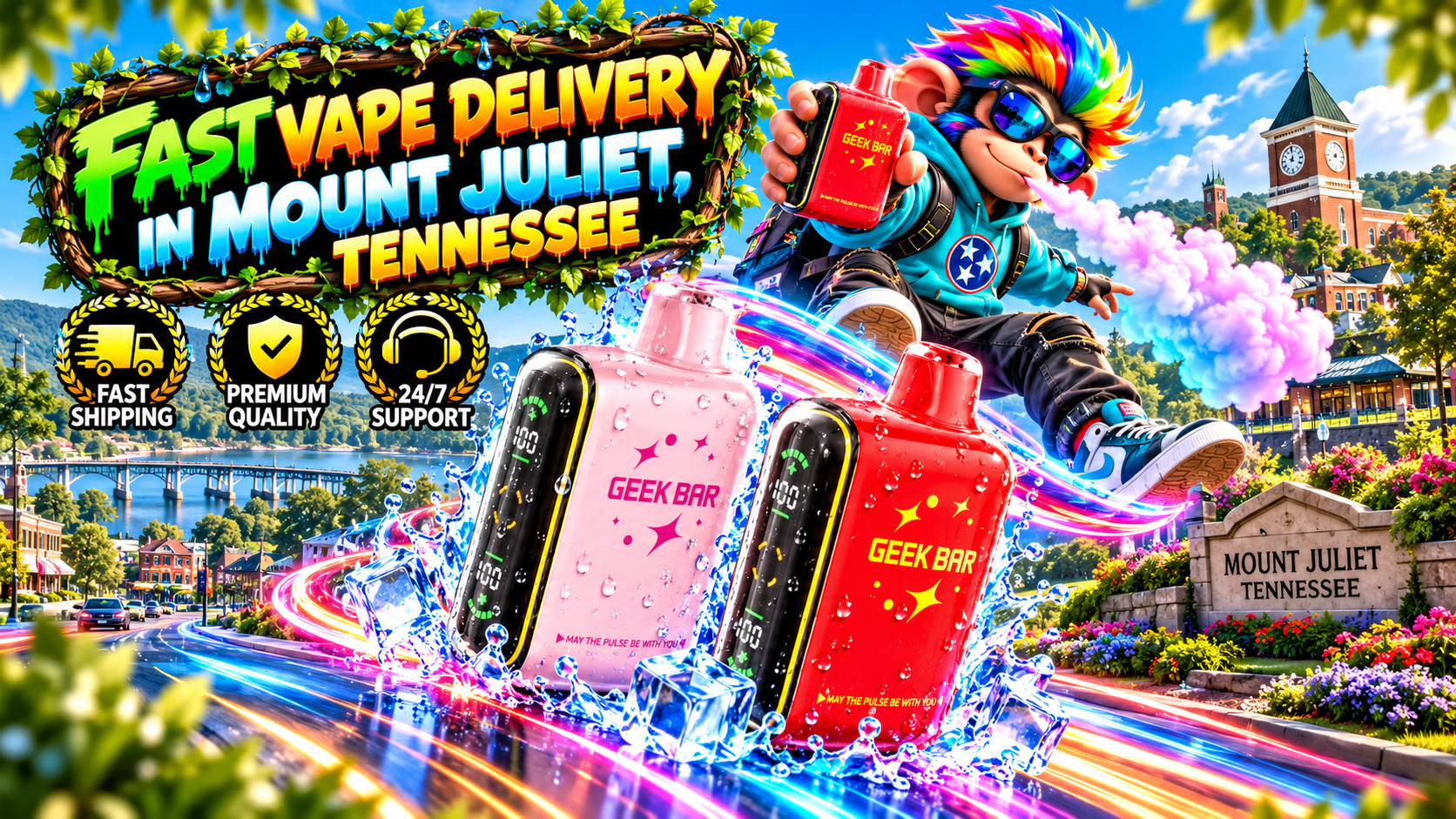 Pink and red vape devices with water droplets, ice effects, neon trails, and a sunny Mount Juliet backdrop.