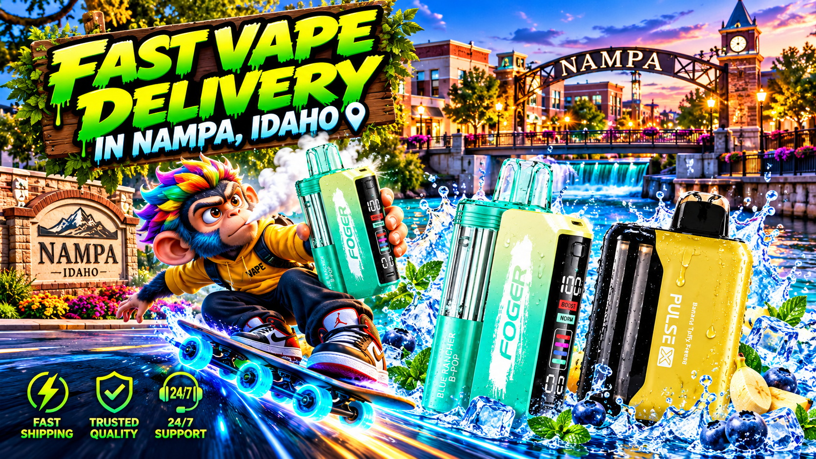 Neon Device Rush Through Nampa, Idaho Aqua and golden devices cut through icy splashes and neon motion beside Nampa’s glowing waterfront.