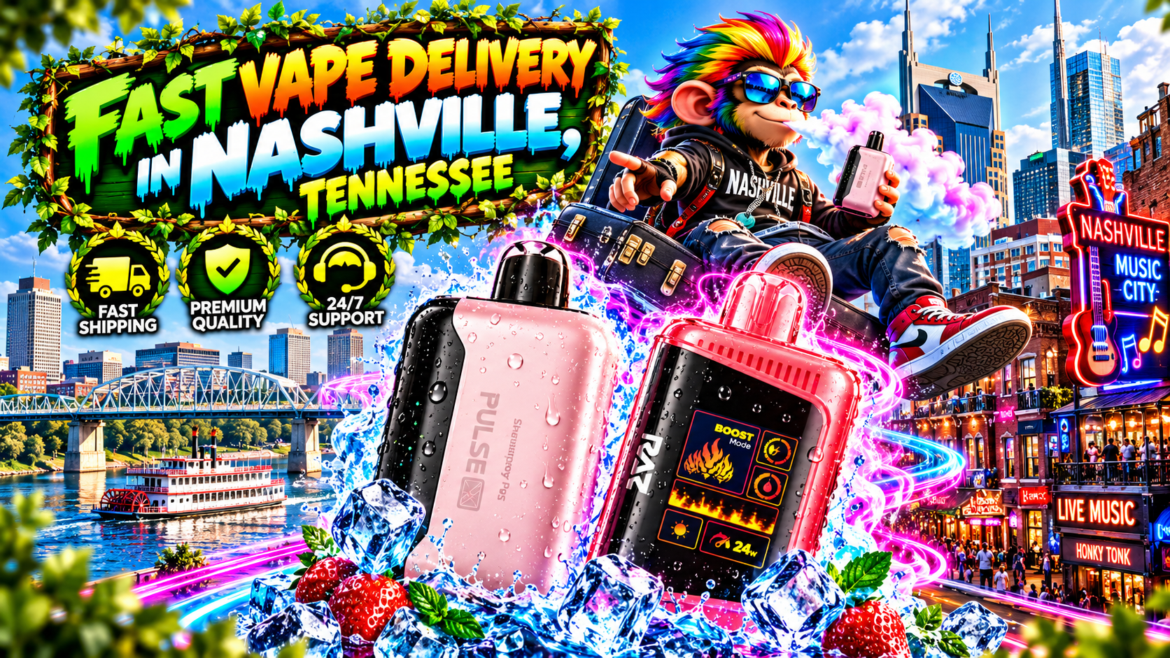 Energetic Nashville scene with modern devices, water splashes, glowing trails, skyline, and vibrant downtown views.