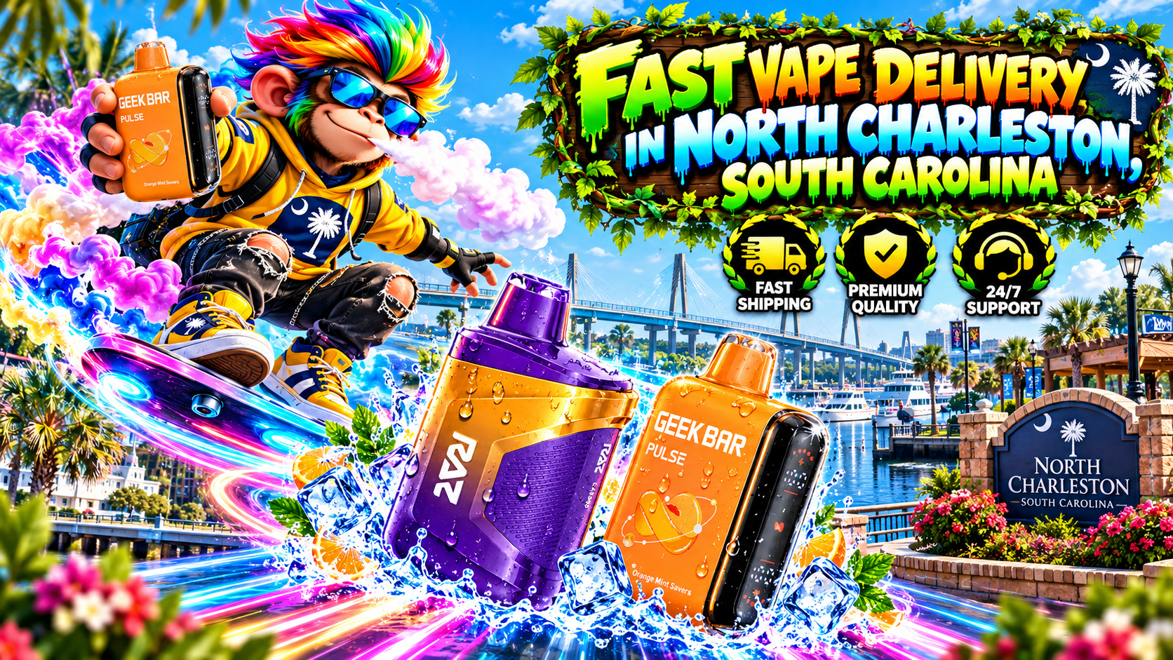 Fast Vape Delivery in North Charleston, South Carolina With Vibrant Devices Orange and purple vape devices with water droplets, neon trails, and a sunny North Charleston waterfront.