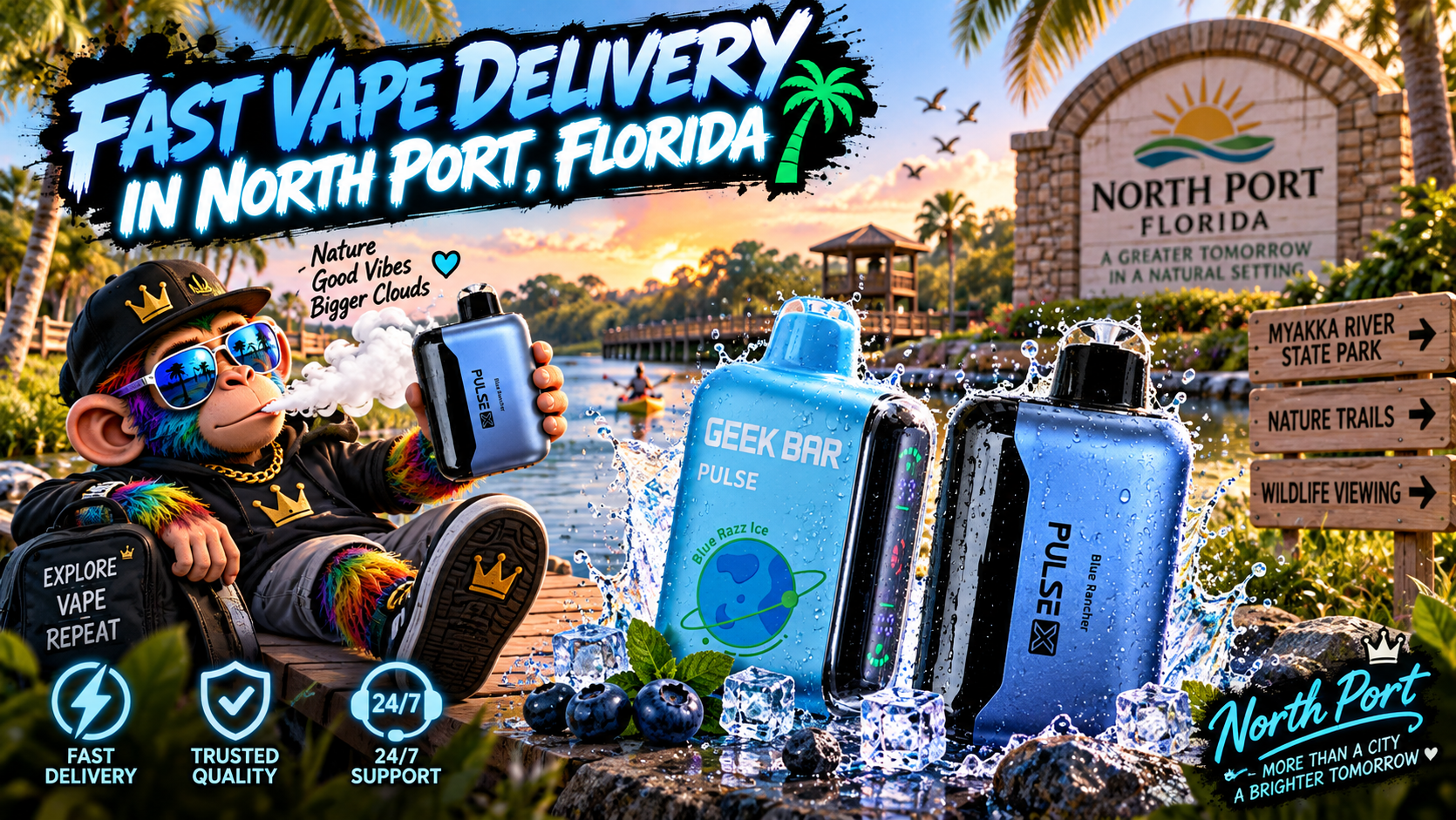 Fast Vape Delivery in North Port, Florida Colorful vape devices with water splashes in a scenic North Port setting with palms, river views and nature trails.