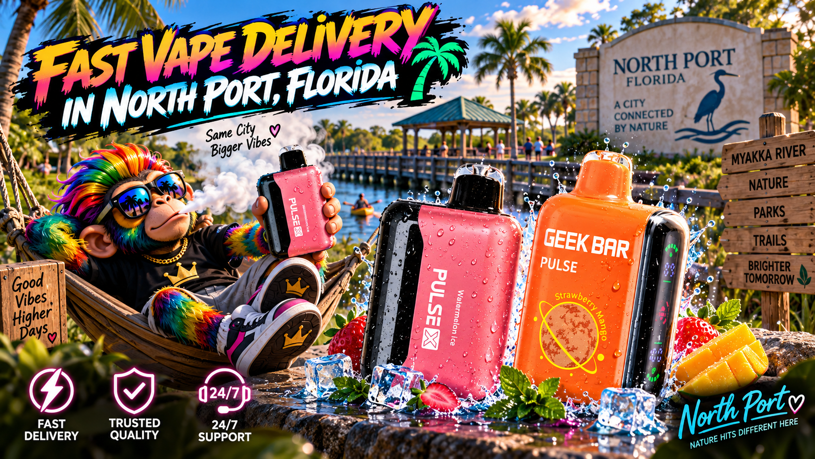 Fast Vape Delivery in North Port, Florida Colorful vape devices with water splashes in sunny North Port, surrounded by palms, greenery and waterfront scenery.