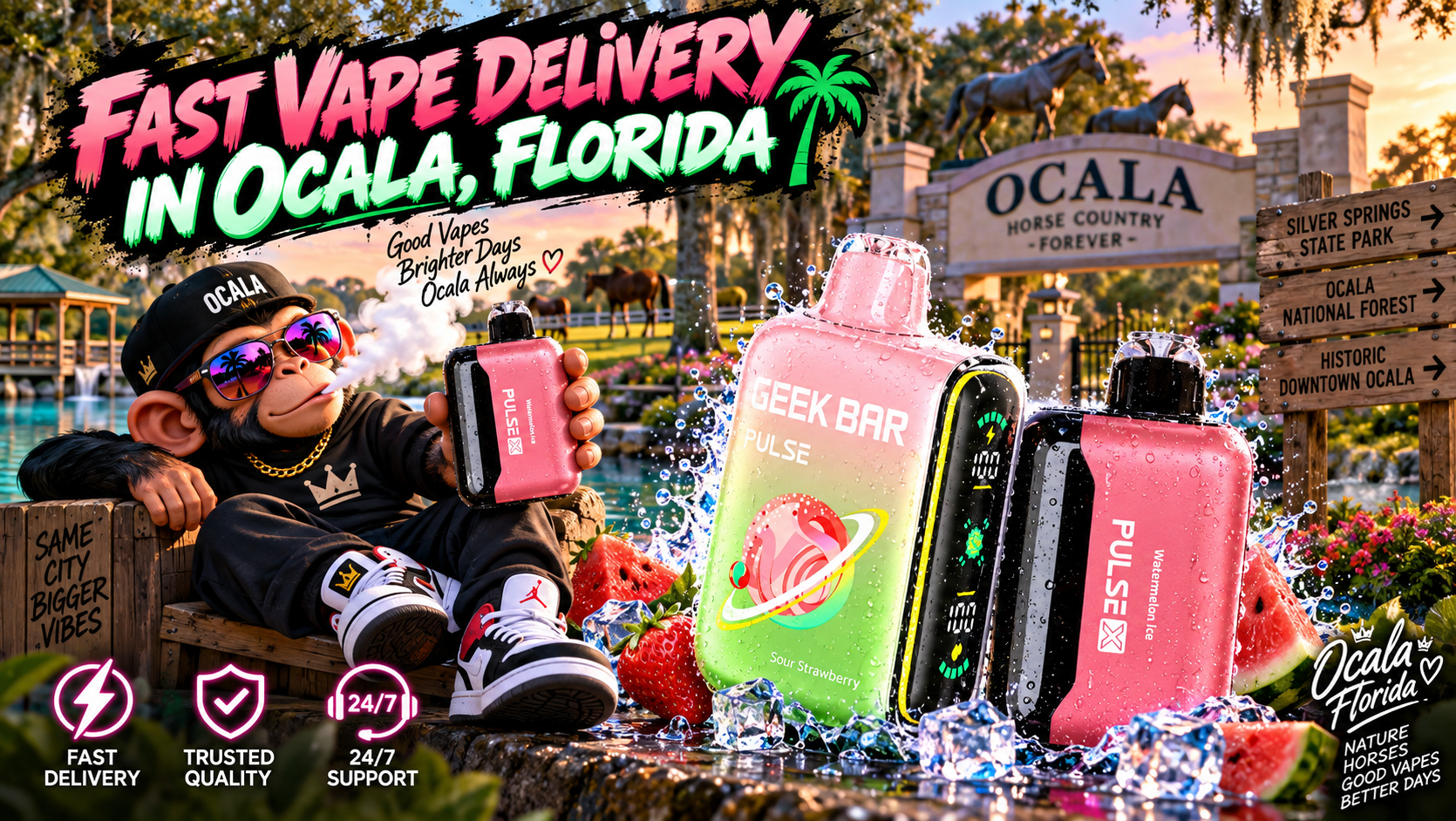 Fast Vape Delivery in Ocala, Florida Colorful vape devices with water splashes in scenic Ocala, surrounded by greenery, horses and tropical details.