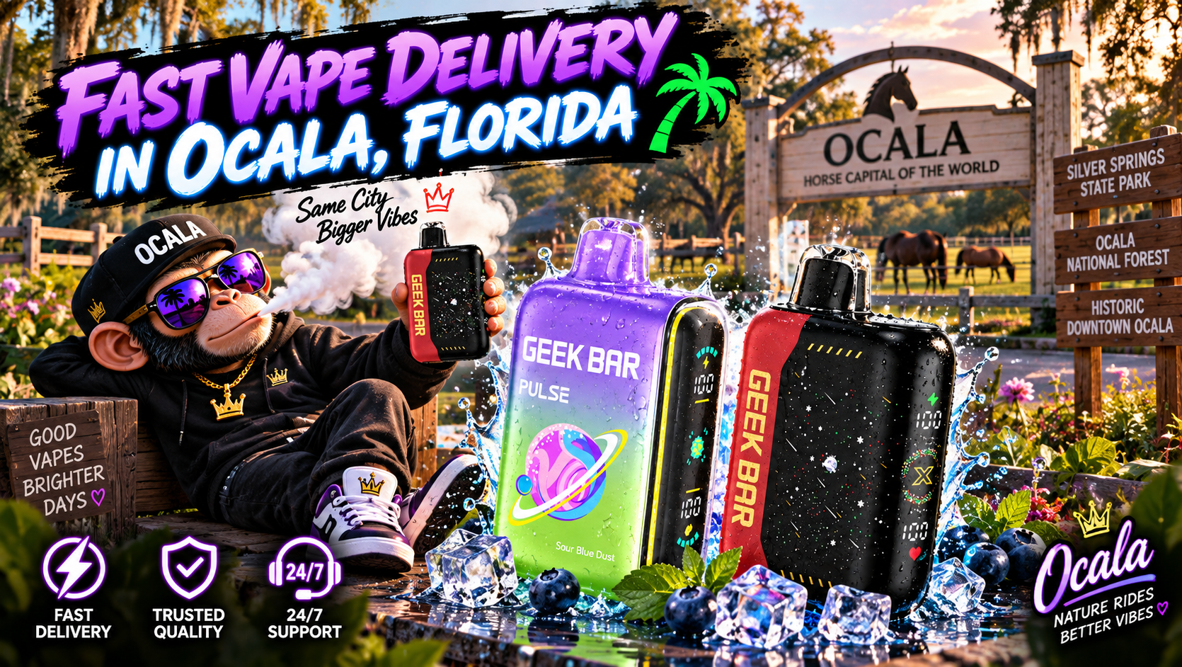 Fast Vape Delivery in Ocala, Florida Colorful vape devices with water splashes in scenic Ocala, surrounded by greenery, horses and park scenery.