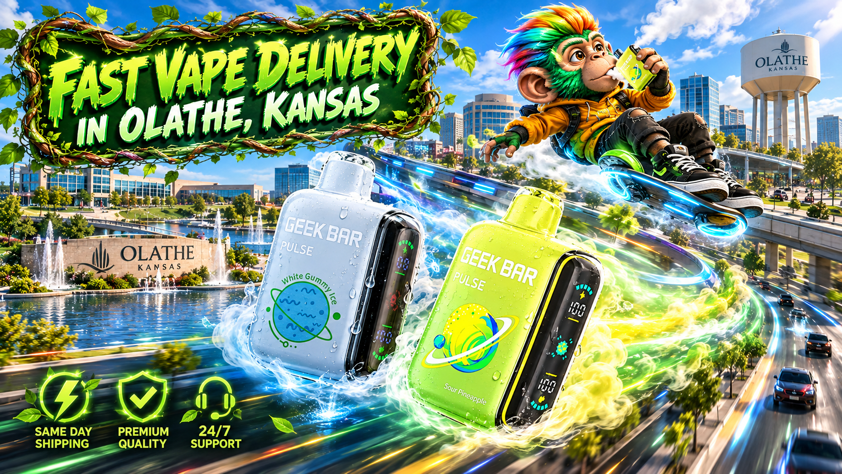 Water-covered devices sweep through glowing energy trails across a sunny Olathe, Kansas urban scene.