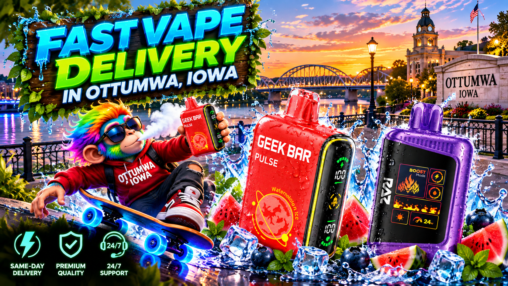Bold red and purple devices amid icy splashes and cool accents with Ottumwa landmarks glowing at sunset.