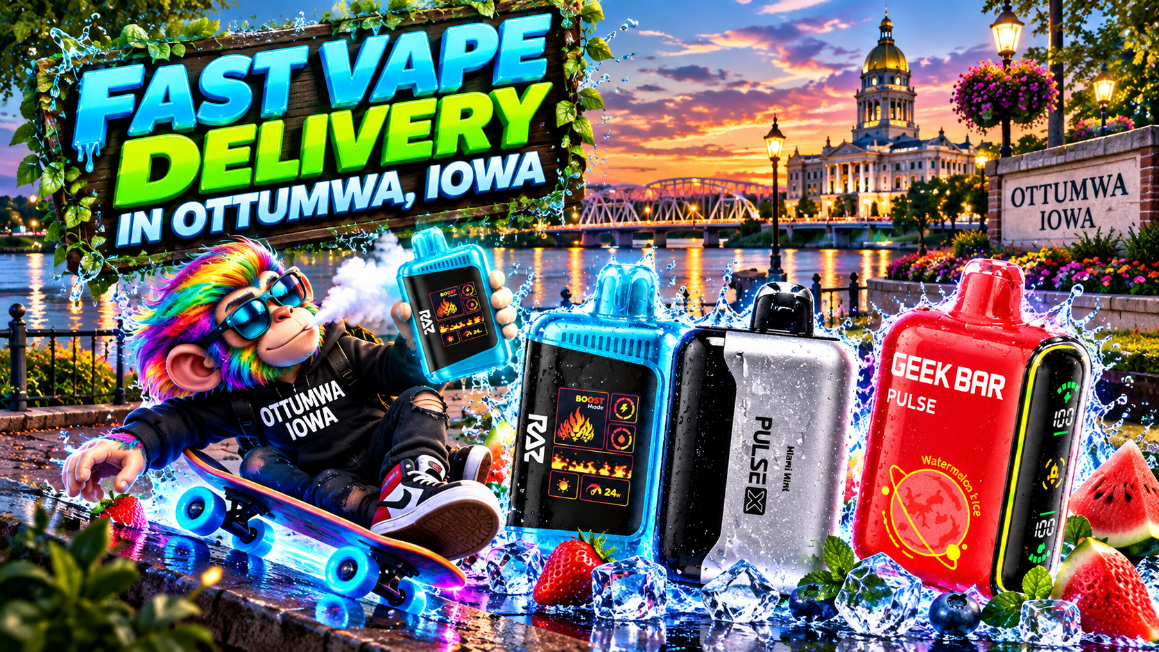 Three vivid devices with frosty water effects and ice cubes beside Ottumwa landmarks under a colorful sunset.