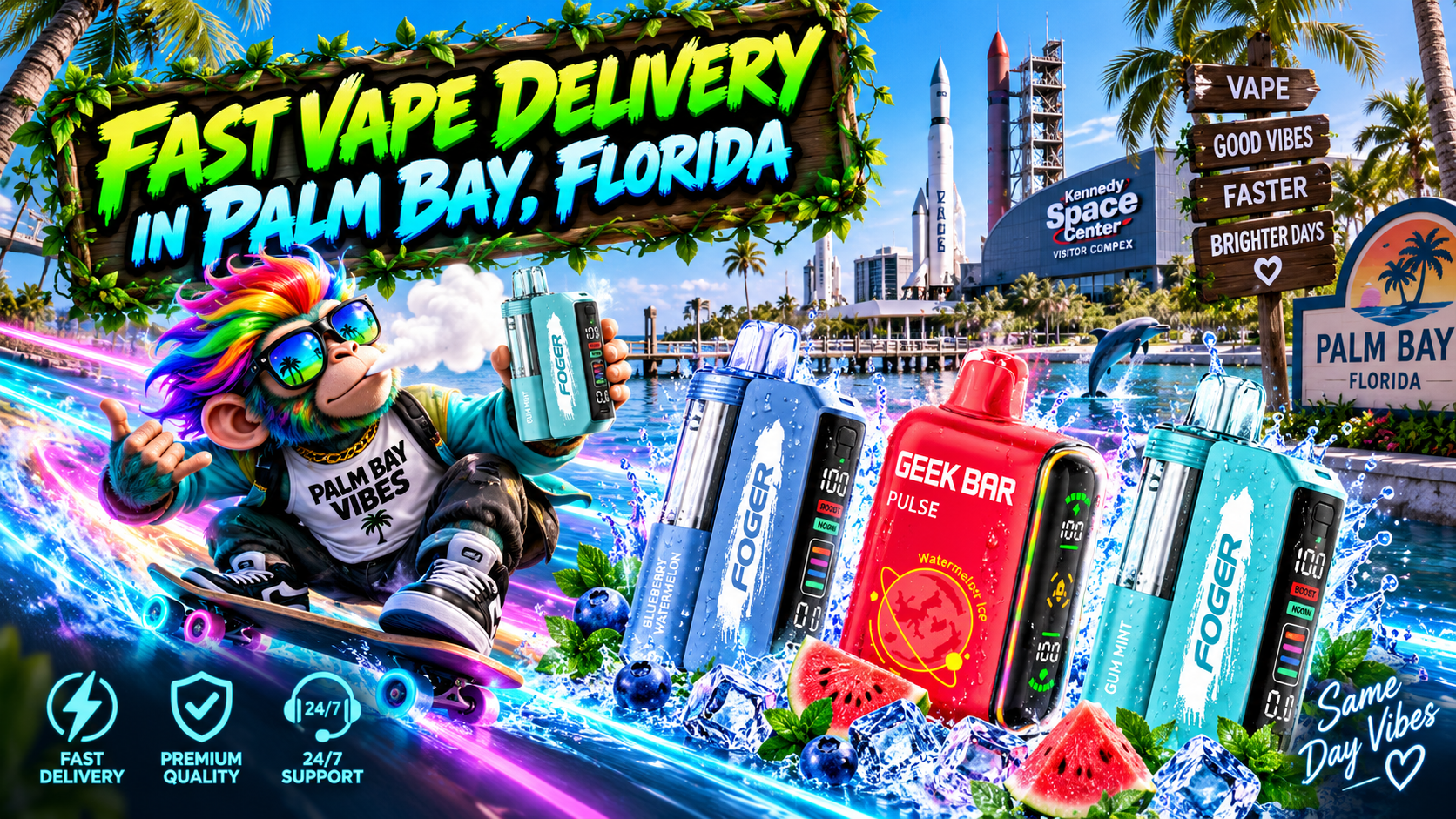 Fast Vape Delivery in Palm Bay, Florida Colorful vape devices with water splashes, ice and fresh fruit in a bright tropical Palm Bay waterfront scene.