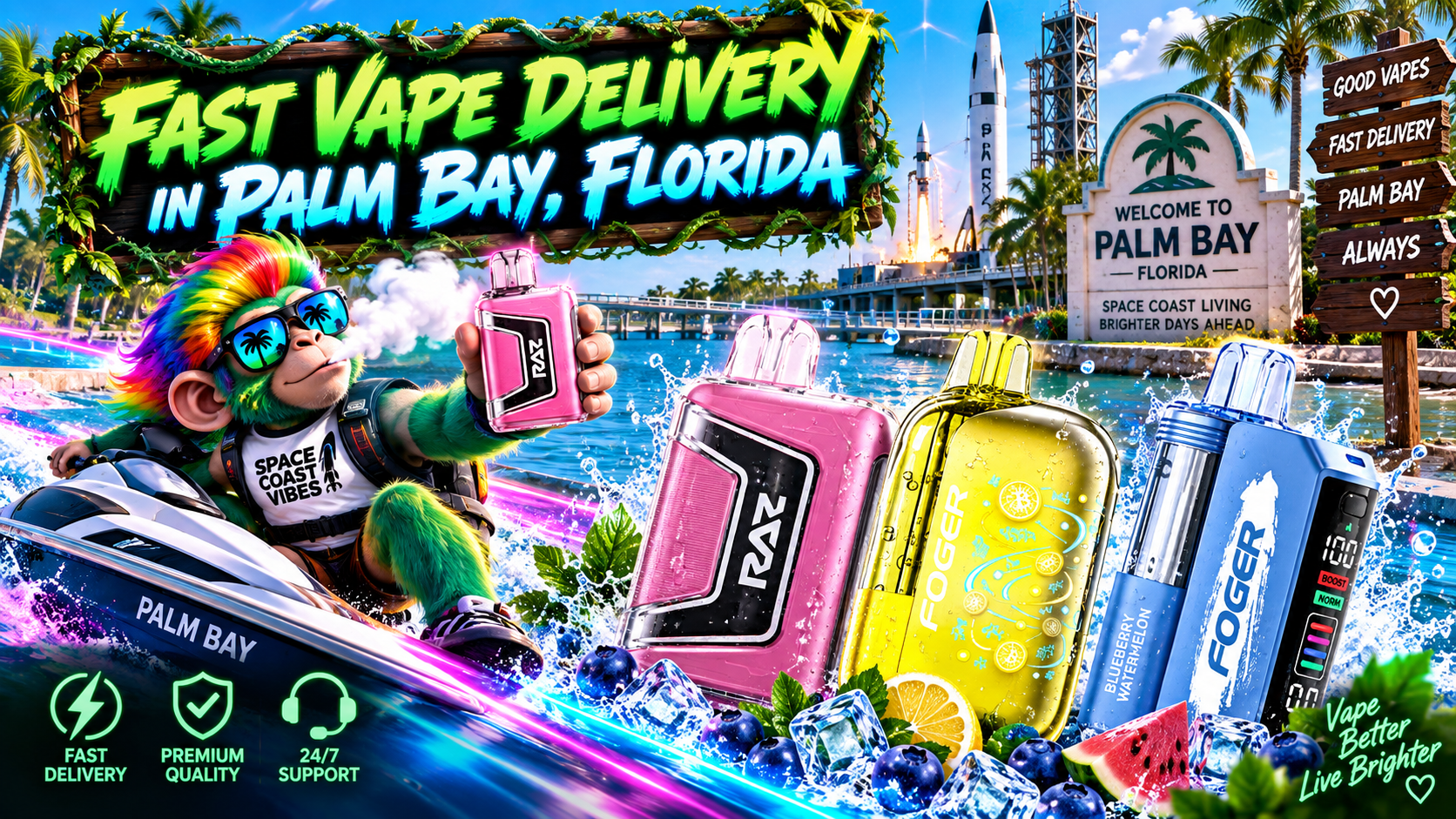 Fast Vape Delivery in Palm Bay, Florida Colorful vape devices with water splashes, ice and fresh fruit in a bright Palm Bay waterfront setting.