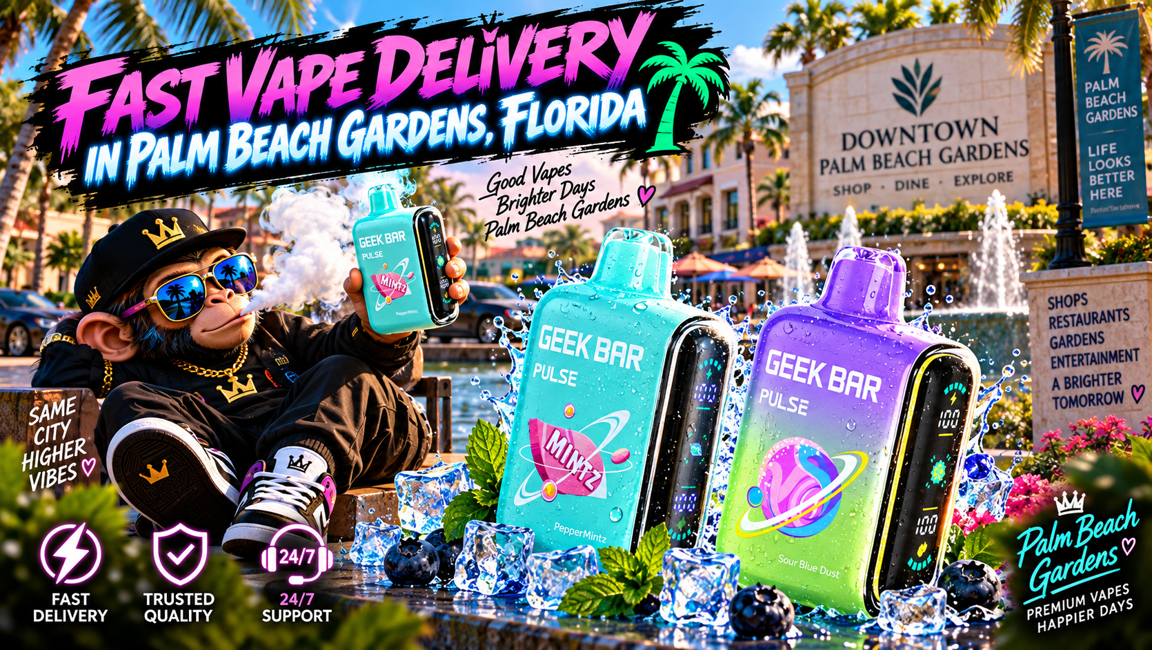 Fast Vape Delivery in Palm Beach Gardens, Florida Colorful vape devices with water splashes in sunny Palm Beach Gardens with palms, fountains and urban scenery.