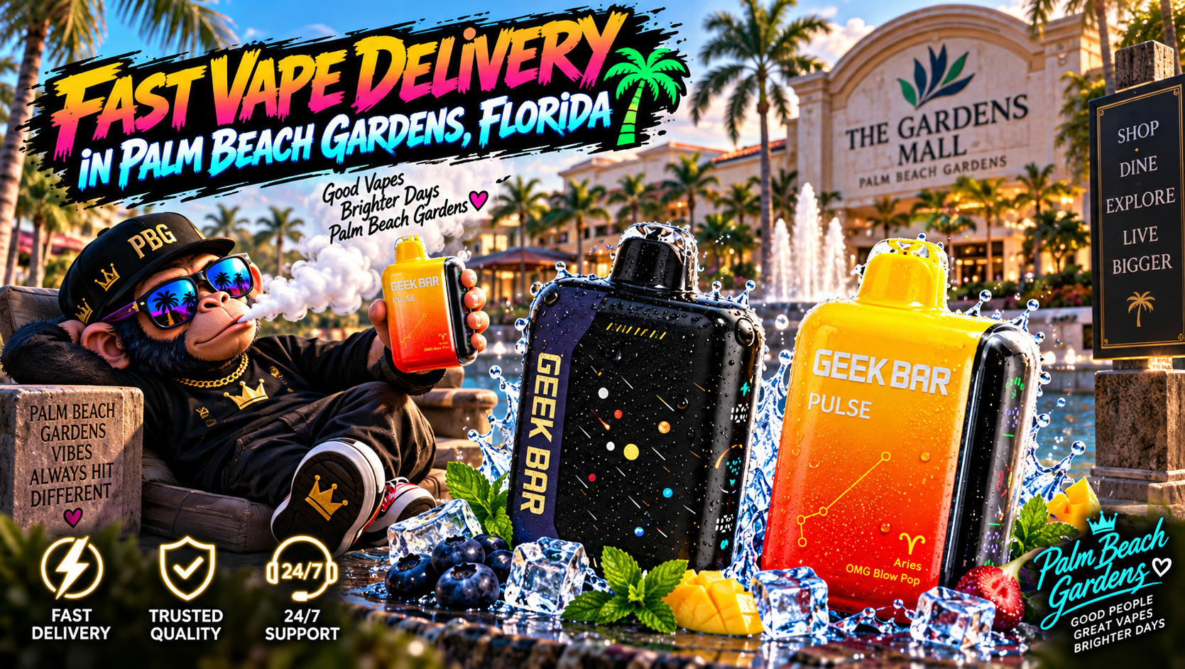 Fast Vape Delivery in Palm Beach Gardens, Florida Colorful vape devices with water splashes in sunny Palm Beach Gardens with palms, fountains and shopping scenery.