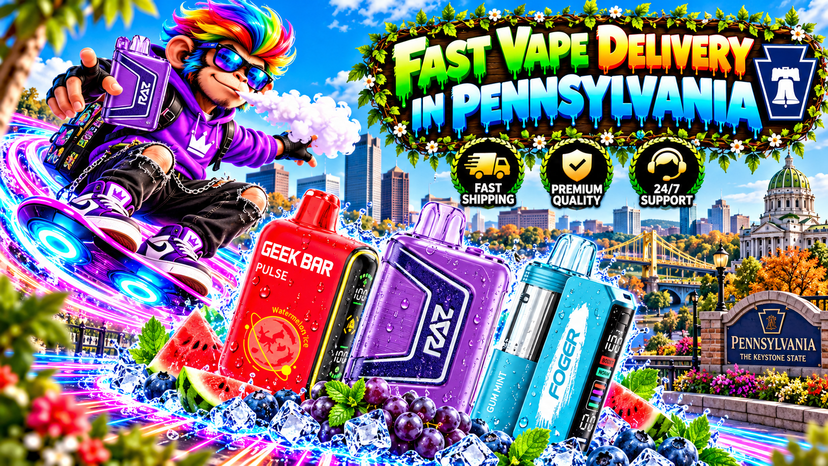 Fast Vape Delivery in Pennsylvania with Vibrant Devices Colorful vape devices with water droplets, ice and fruit accents against a bright Pennsylvania cityscape.