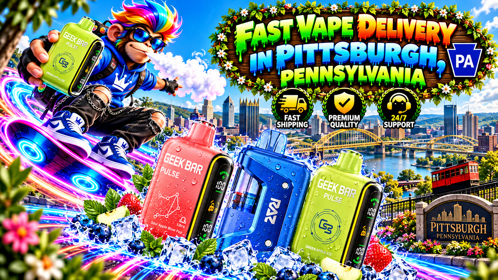 Fast Vape Delivery in Pittsburgh, Pennsylvania – Vibrant Devices and Neon City Scene Colorful vape devices with water droplets, ice, berries, and a neon-riding monkey against Pittsburgh's skyline.