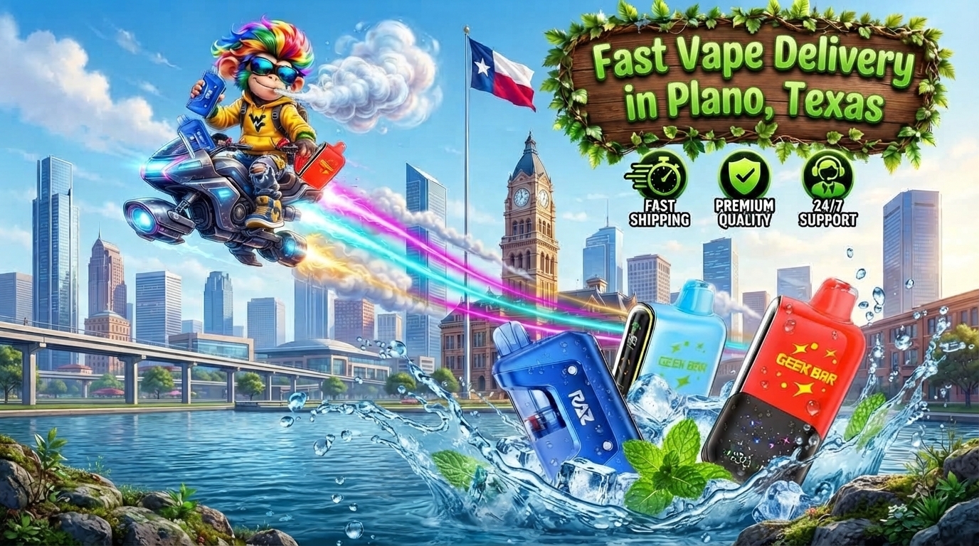 Fast Vape Delivery in Plano, Texas Bright devices rise from icy water as a futuristic rider speeds above a sunny Plano cityscape.