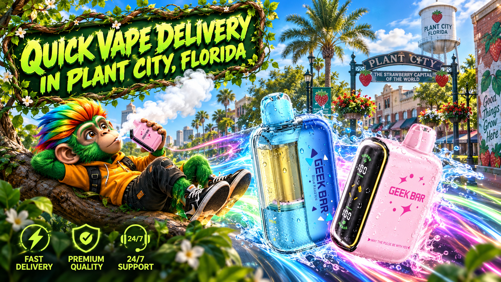 Quick Vape Delivery in Plant City, Florida Colorful vape devices with water splashes and bright energy trails in a sunny Plant City street scene.
