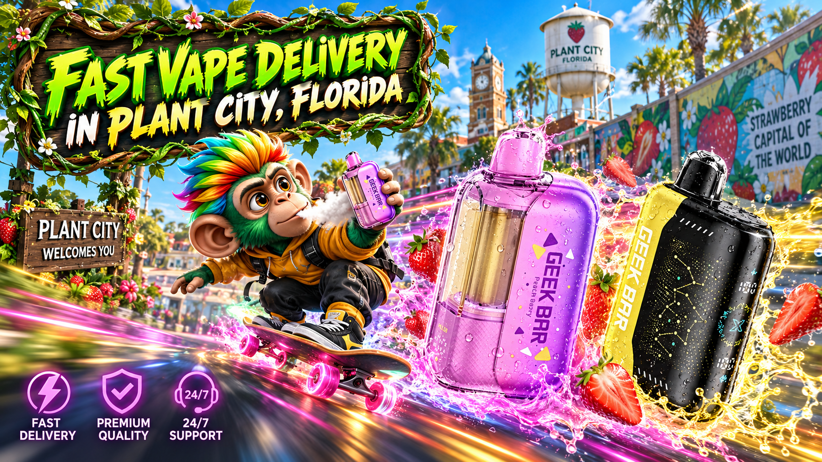 Fast Vape Delivery in Plant City, Florida Colorful vape devices with water splashes and strawberries in a bright, energetic Plant City street scene.