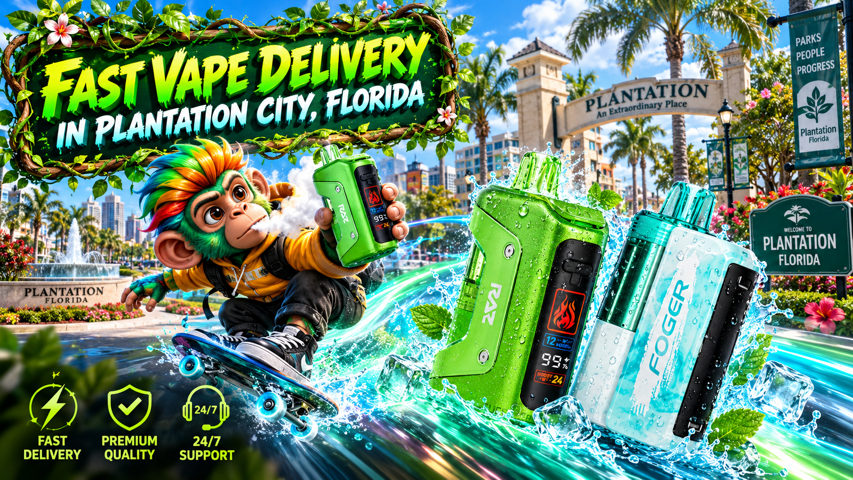 Fast Vape Delivery in Plantation City, Florida Colorful vape devices with water splashes and glowing motion trails in a sunny Plantation City setting.