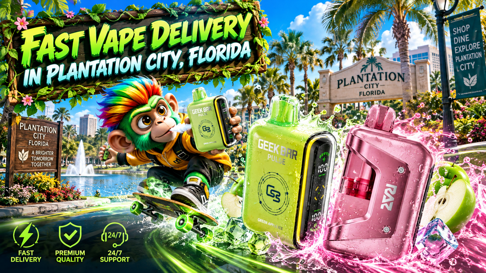 Fast Vape Delivery in Plantation City, Florida Colorful vape devices with water splashes, ice and green apple accents in a sunny Plantation City scene.