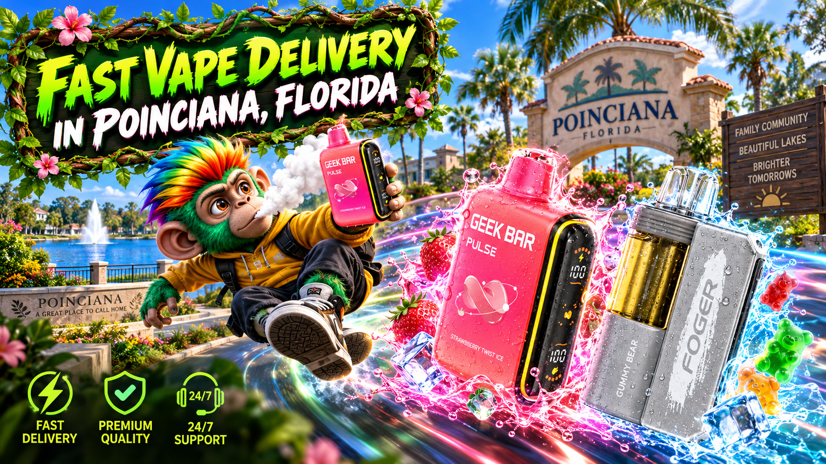 Fast Vape Delivery in Poinciana, Florida Colorful vape devices with water splashes, ice and strawberry accents in a bright Poinciana outdoor setting.