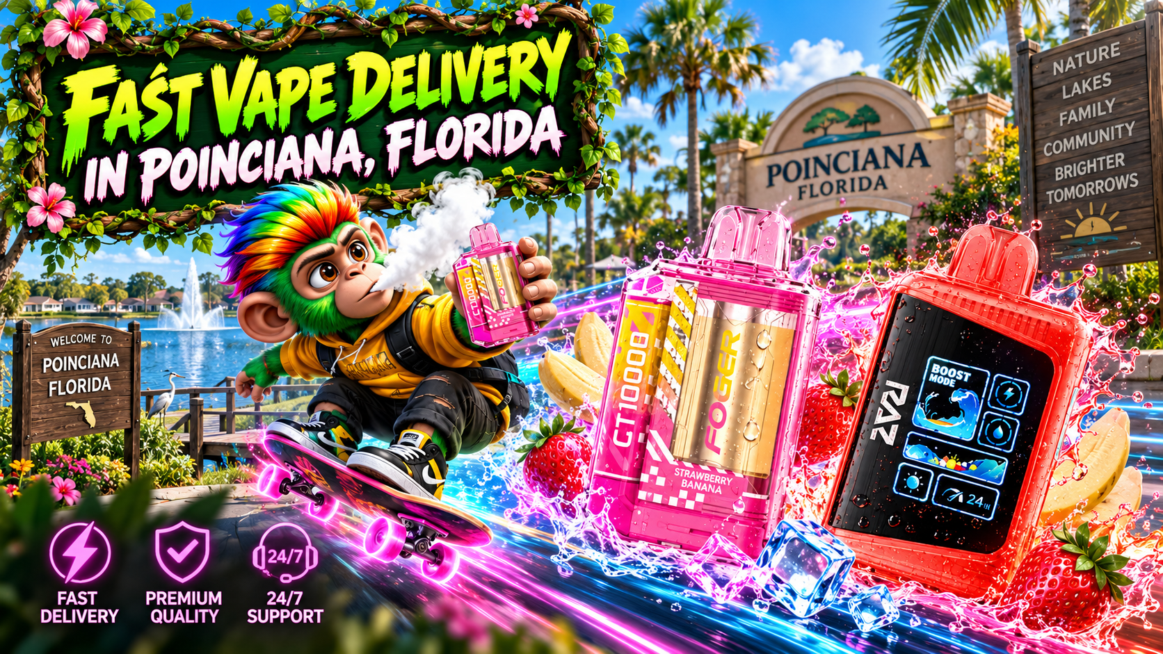 Fast Vape Delivery in Poinciana, Florida Colorful vape devices with water splashes, ice, strawberries and bananas in a sunny Poinciana scene.